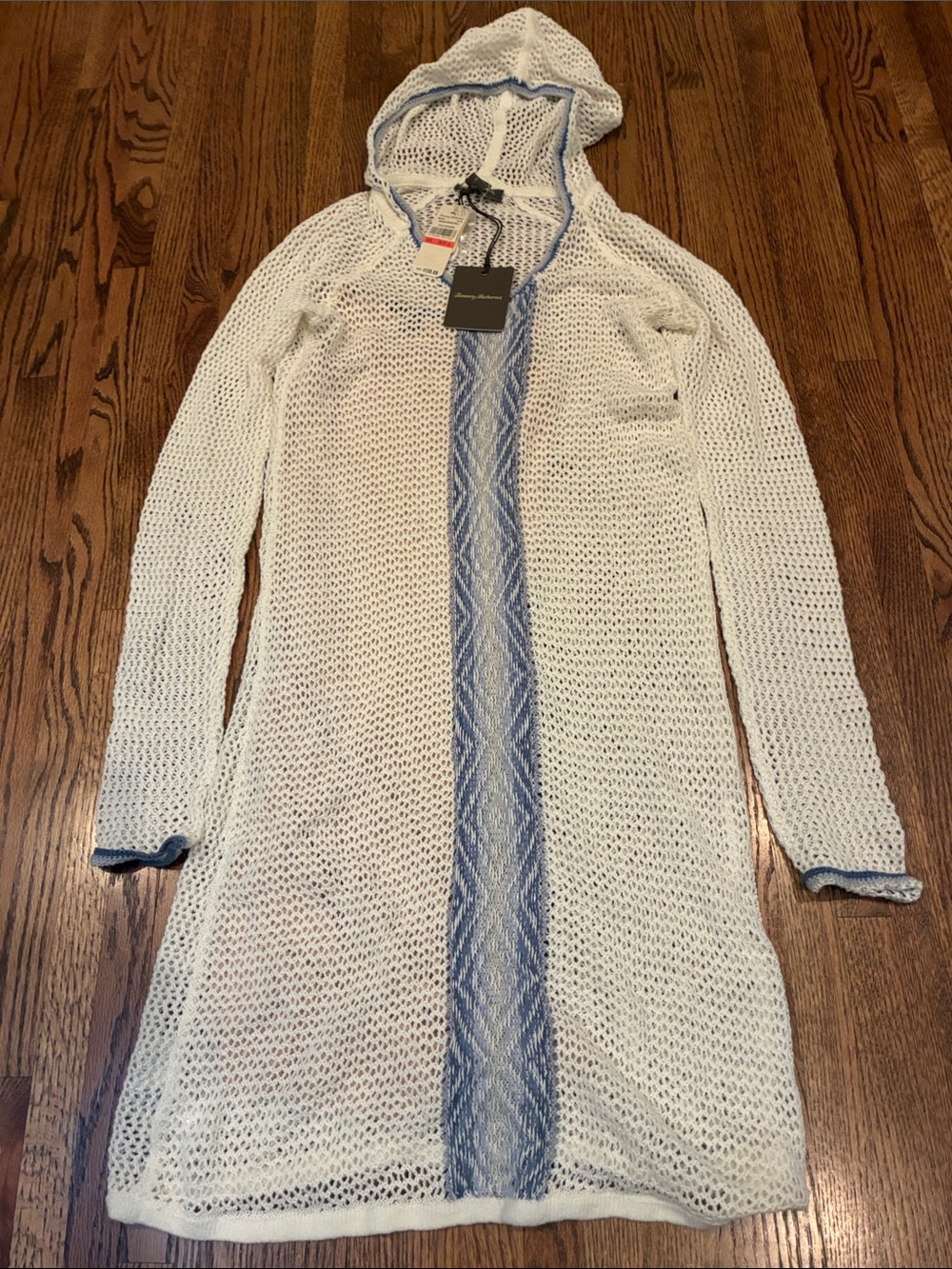 Tommy Bahama White Open-Knit Hooded Cardigan with Blue Trim